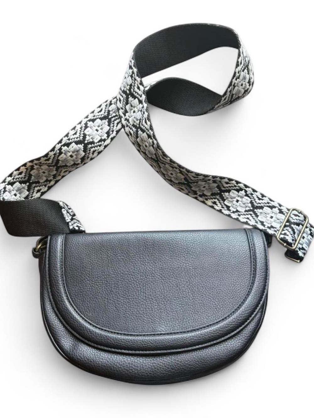 Black Saddle Crossbody Purse with Embroidered Strap